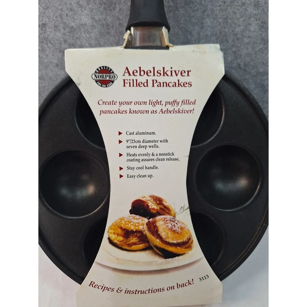 Norpro Aebelskiver Filled Pancake Pan 9in Cast Aluminum Nonstick 7 Wells 3113